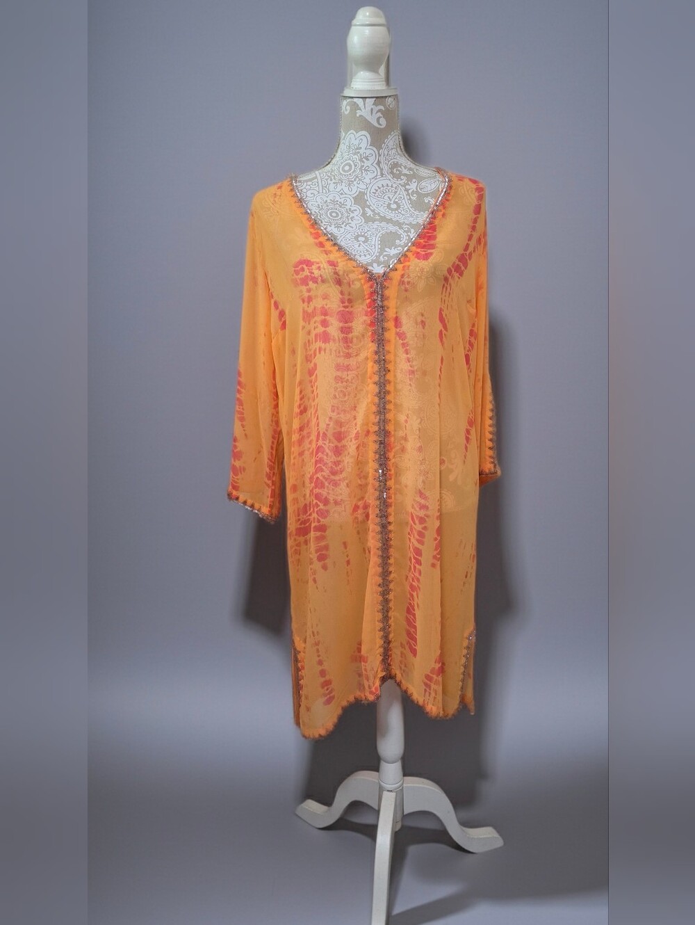 Soft Surroundings Caftan Coverup  Beaded Tie Dye Orange Beach Resort Cruise Sz M